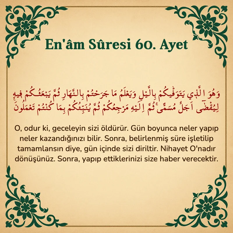 En'âm Sûresi 60. Ayet Arapça ve Türkçe meali