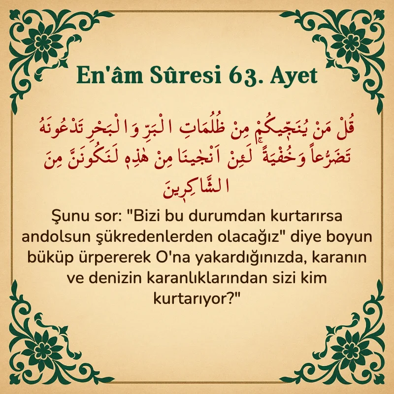 En'âm Sûresi 63. Ayet Arapça ve Türkçe meali