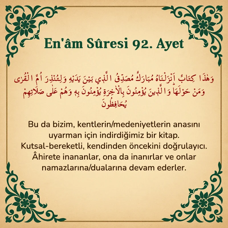 En'âm Sûresi 92. Ayet Arapça ve Türkçe meali
