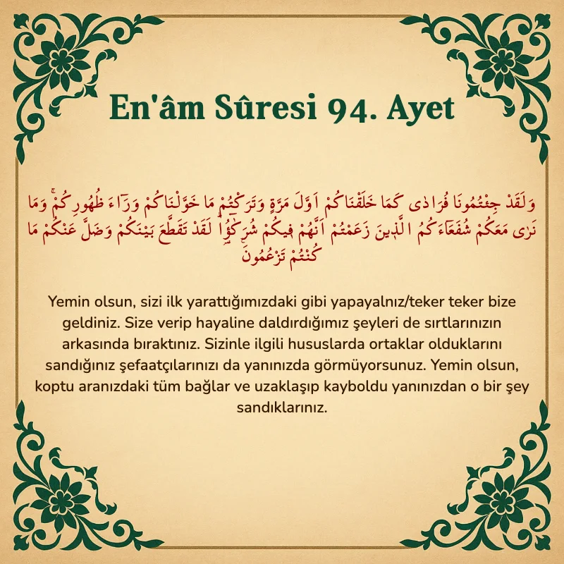 En'âm Sûresi 94. Ayet Arapça ve Türkçe meali