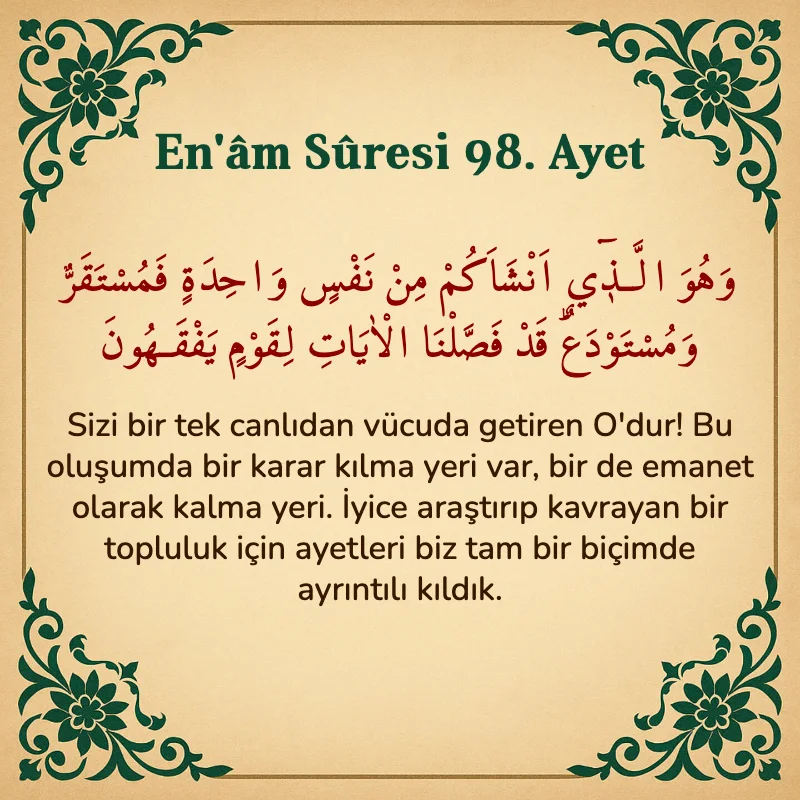 En'âm Sûresi 98. Ayet Arapça ve Türkçe meali