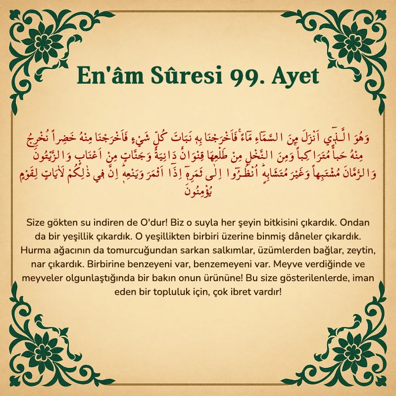 En'âm Sûresi 99. Ayet Arapça ve Türkçe meali