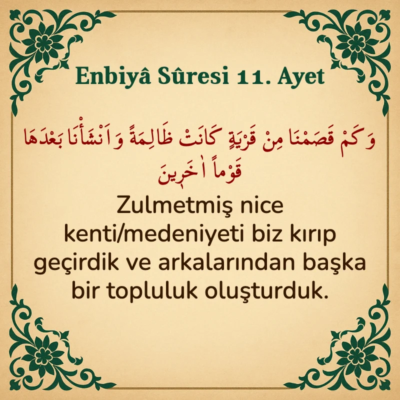 Enbiya Suresi 11. Ayet Arapça ve Türkçe meali