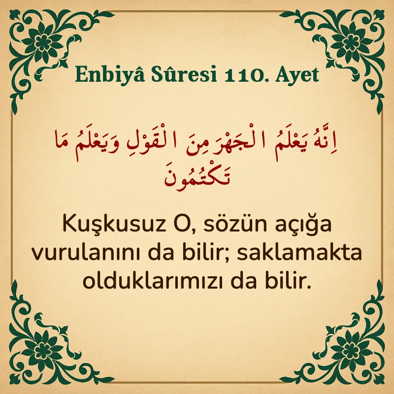 Enbiya Suresi 110. Ayet Arapça ve Türkçe meali