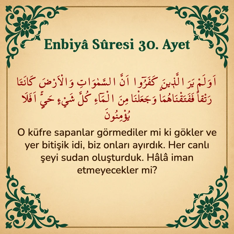 Enbiya Suresi 30. Ayet Arapça ve Türkçe meali