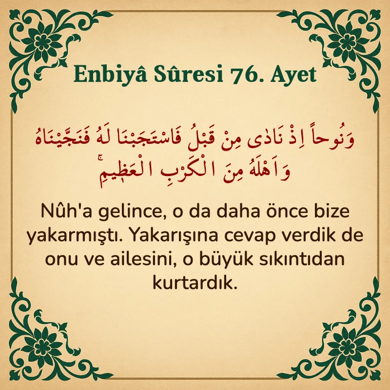 Enbiya Suresi 76. Ayet Arapça ve Türkçe meali