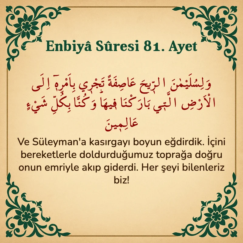 Enbiya Suresi 81. Ayet Arapça ve Türkçe meali