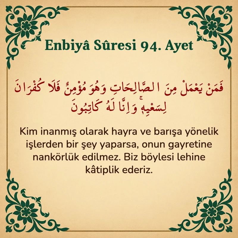 Enbiya Suresi 94. Ayet Arapça ve Türkçe meali