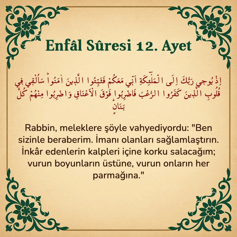 Enfâl Sûresi 12. Ayet Arapça ve Türkçe meali