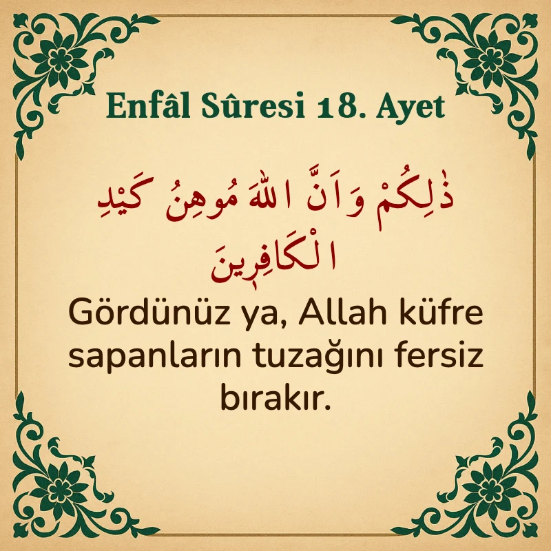 Enfâl Sûresi 18. Ayet Arapça ve Türkçe meali