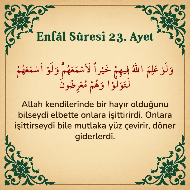 Enfâl Sûresi 23. Ayet Arapça ve Türkçe meali