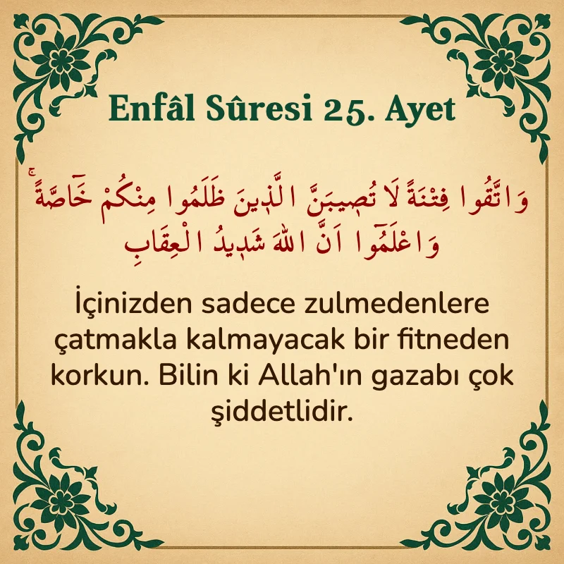Enfâl Sûresi 25. Ayet Arapça ve Türkçe meali