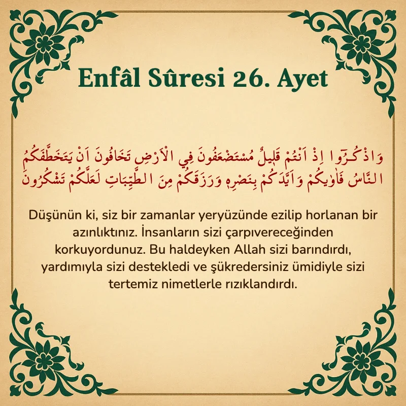 Enfâl Sûresi 26. Ayet Arapça ve Türkçe meali