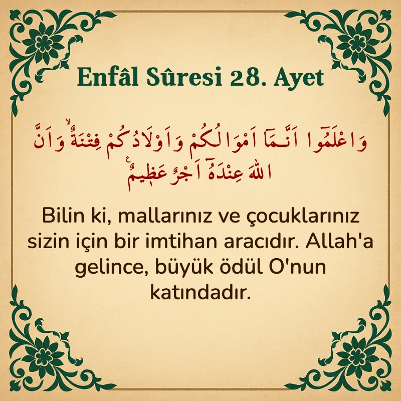 Enfâl Sûresi 28. Ayet Arapça ve Türkçe meali