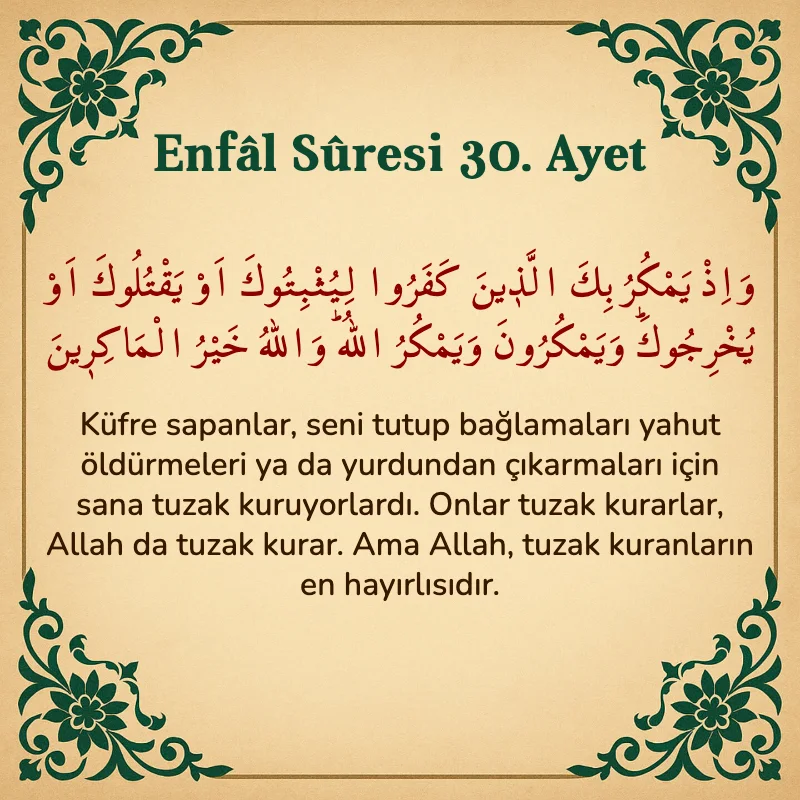 Enfâl Sûresi 30. Ayet Arapça ve Türkçe meali