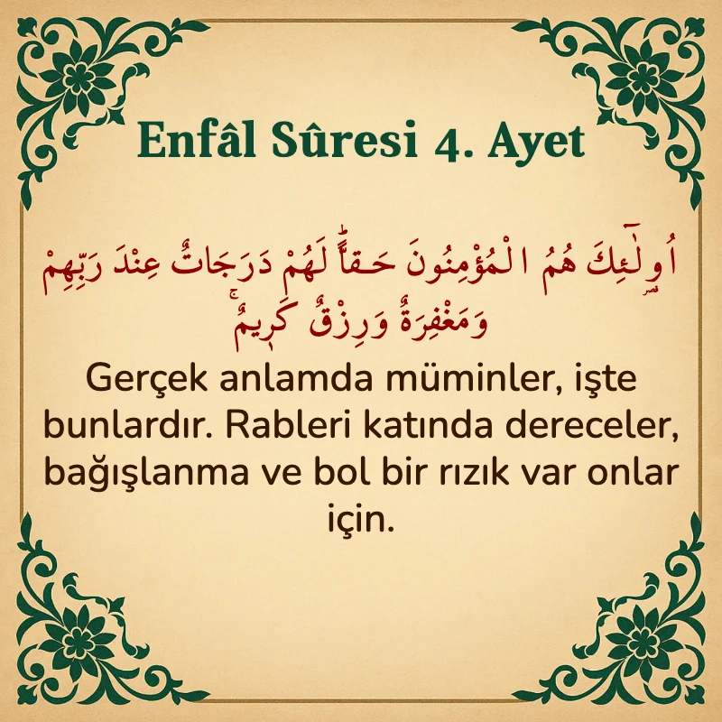 Enfâl Sûresi 4. Ayet Arapça ve Türkçe meali