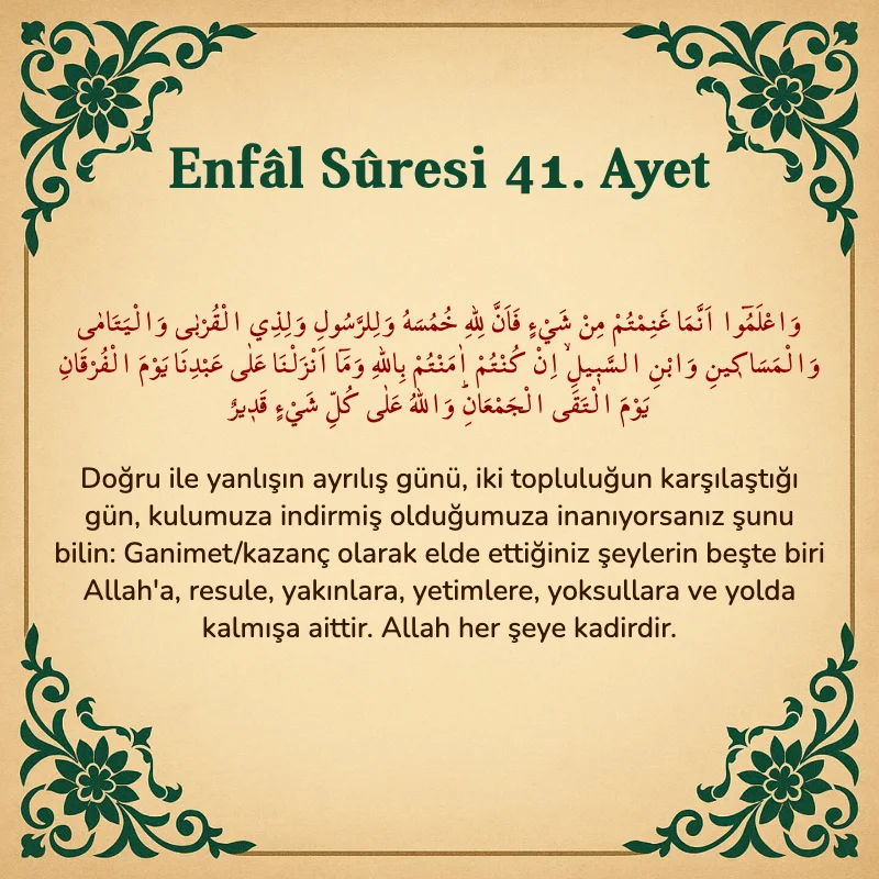 Enfâl Sûresi 41. Ayet Arapça ve Türkçe meali