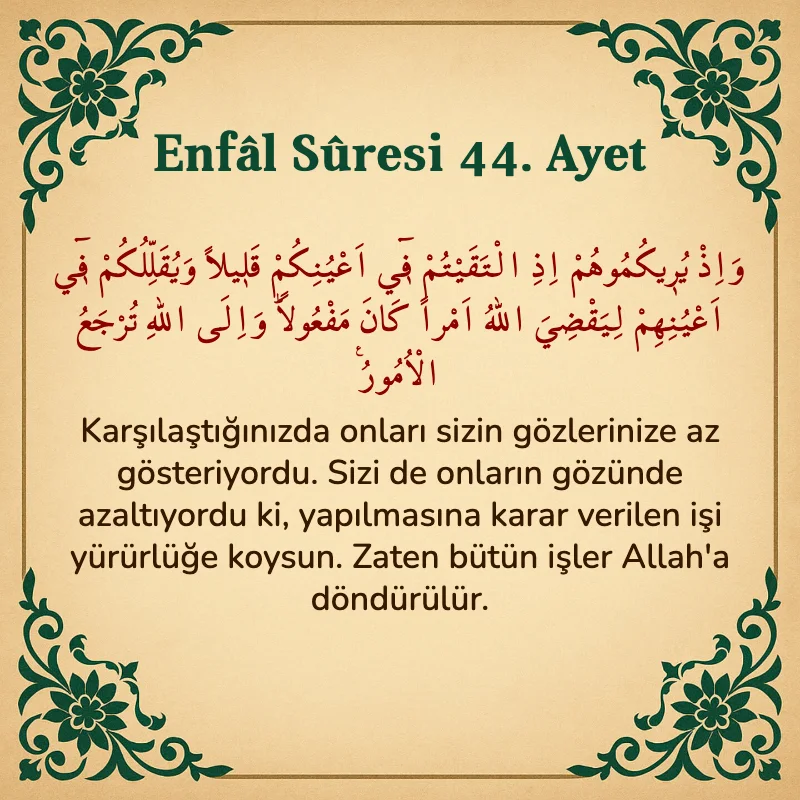 Enfâl Sûresi 44. Ayet Arapça ve Türkçe meali