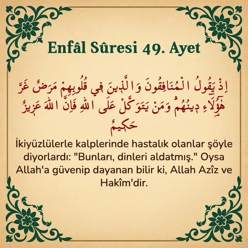 Enfâl Sûresi 49. Ayet Arapça ve Türkçe meali