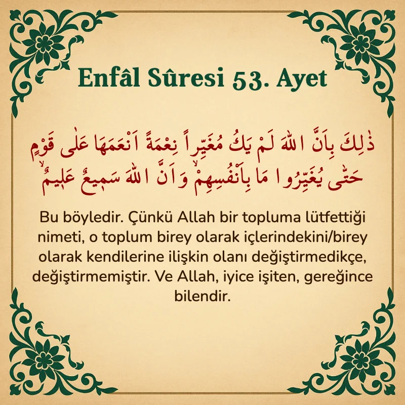 Enfâl Sûresi 53. Ayet Arapça ve Türkçe meali