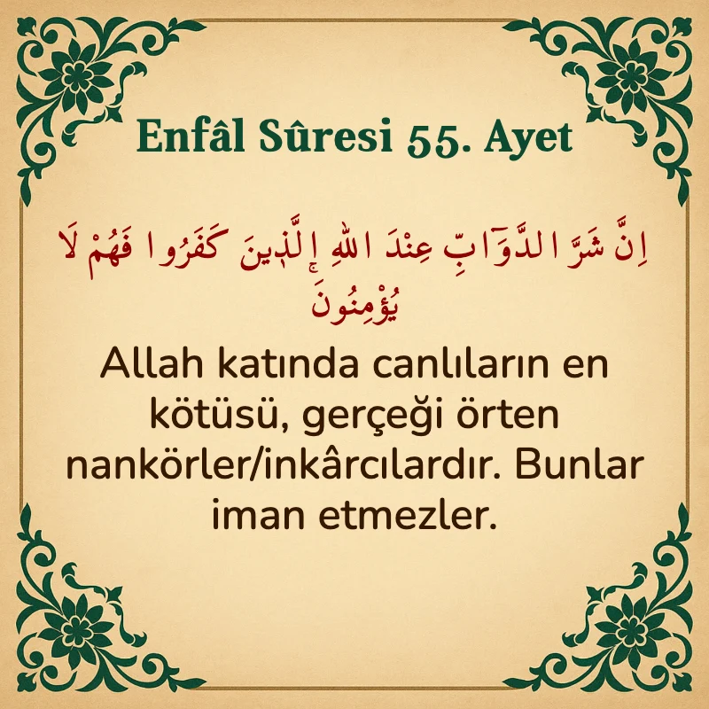 Enfâl Sûresi 55. Ayet Arapça ve Türkçe meali