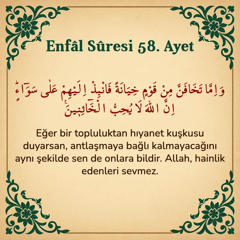 Enfâl Sûresi 58. Ayet Arapça ve Türkçe meali