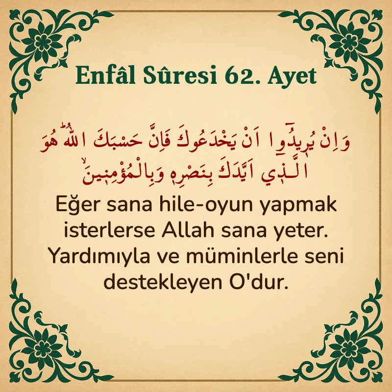 Enfâl Sûresi 62. Ayet Arapça ve Türkçe meali