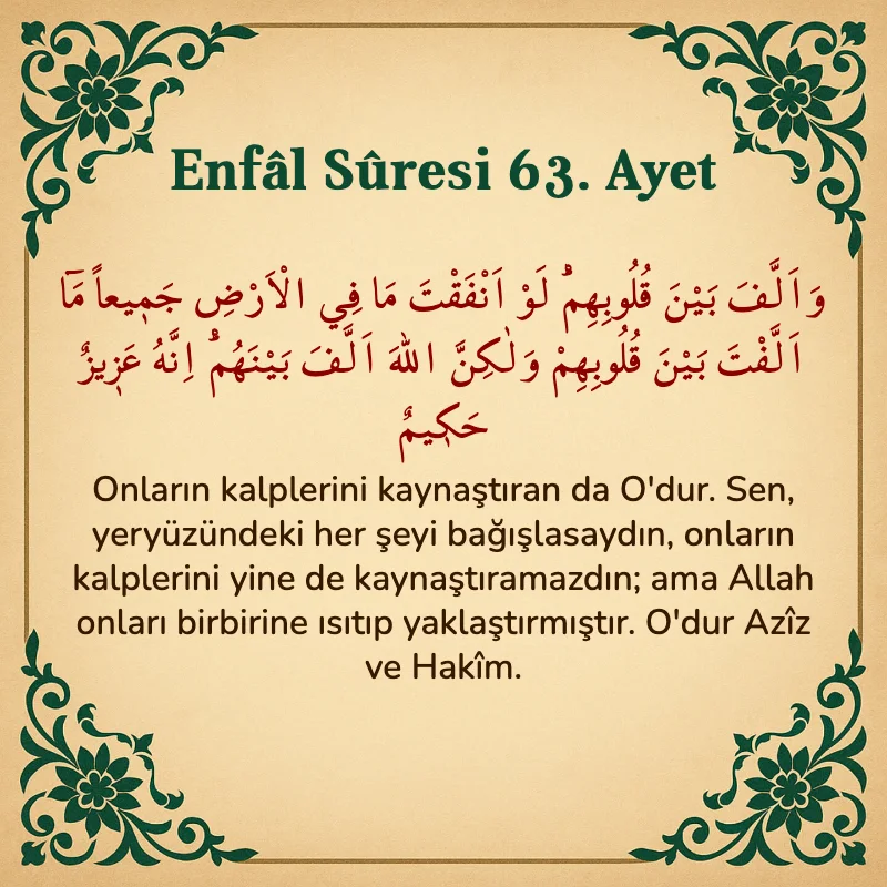 Enfâl Sûresi 63. Ayet Arapça ve Türkçe meali