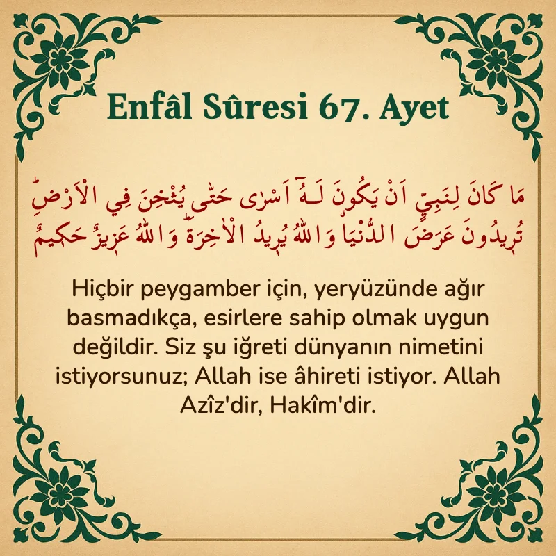 Enfâl Sûresi 67. Ayet Arapça ve Türkçe meali
