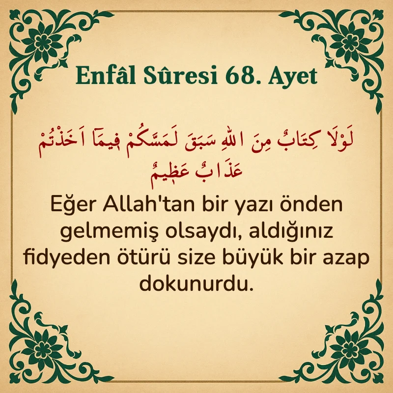 Enfâl Sûresi 68. Ayet Arapça ve Türkçe meali