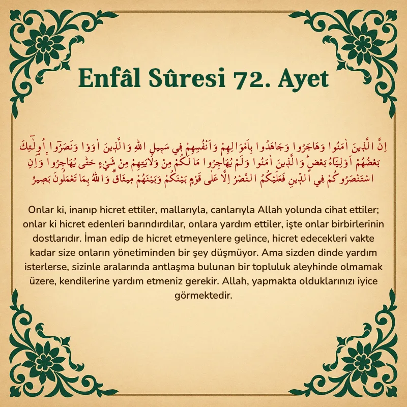 Enfâl Sûresi 72. Ayet Arapça ve Türkçe meali