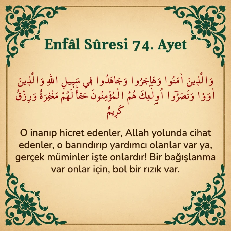 Enfâl Sûresi 74. Ayet Arapça ve Türkçe meali