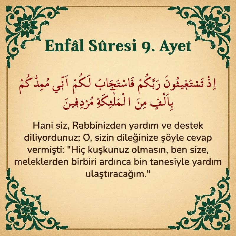 Enfâl Sûresi 9. Ayet Arapça ve Türkçe meali