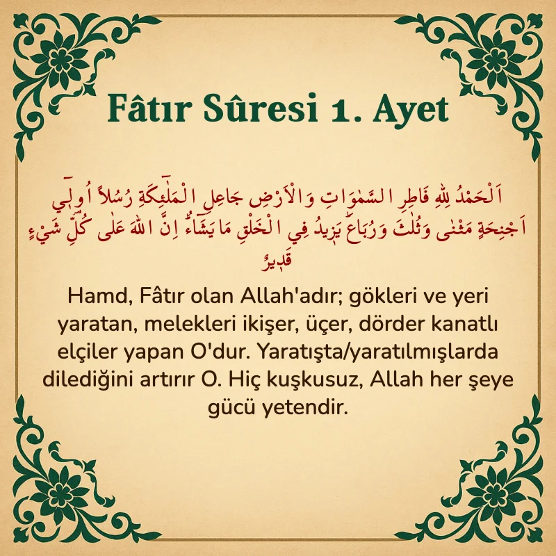 Fatır Suresi 1. Ayet Arapça ve Türkçe meali