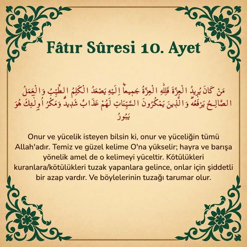 Fatır Suresi 10. Ayet Arapça ve Türkçe meali