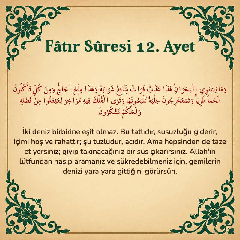 Fatır Suresi 12. Ayet Arapça ve Türkçe meali