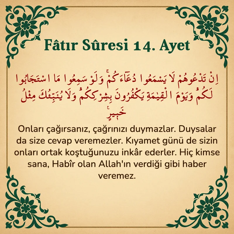 Fatır Suresi 14. Ayet Arapça ve Türkçe meali