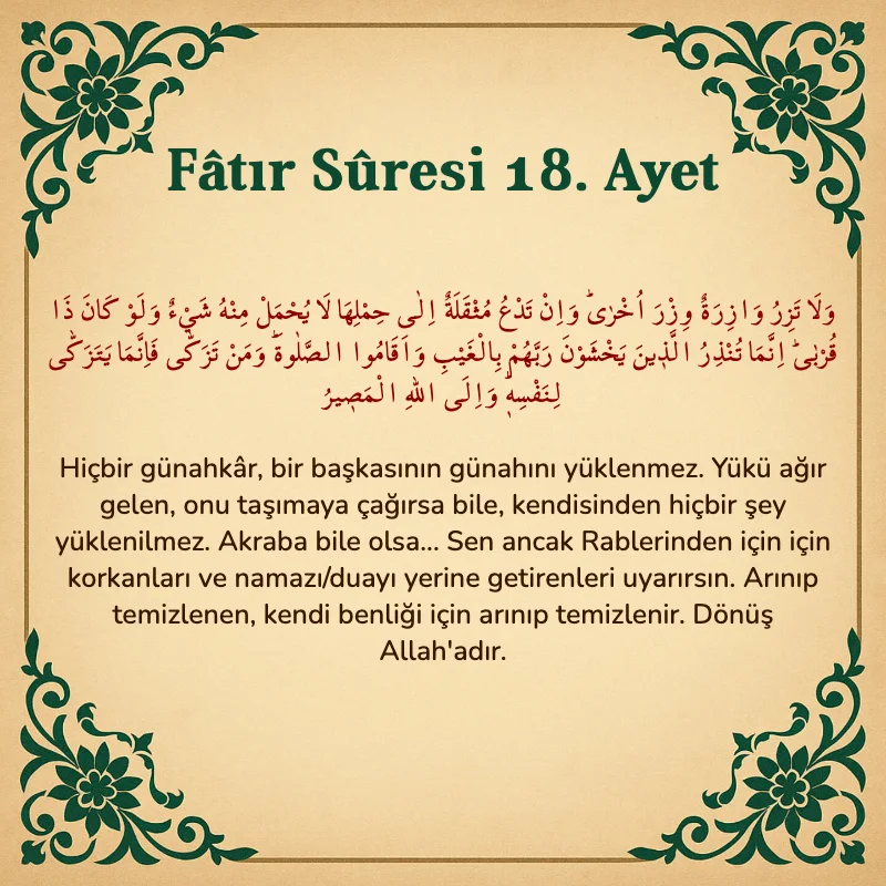 Fatır Suresi 18. Ayet Arapça ve Türkçe meali