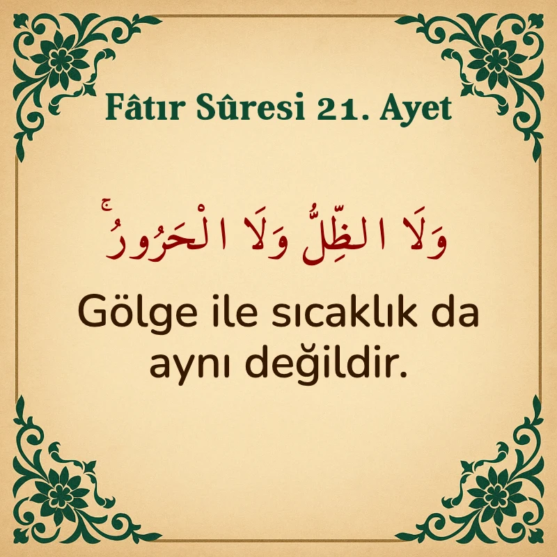 Fatır Suresi 21. Ayet Arapça ve Türkçe meali