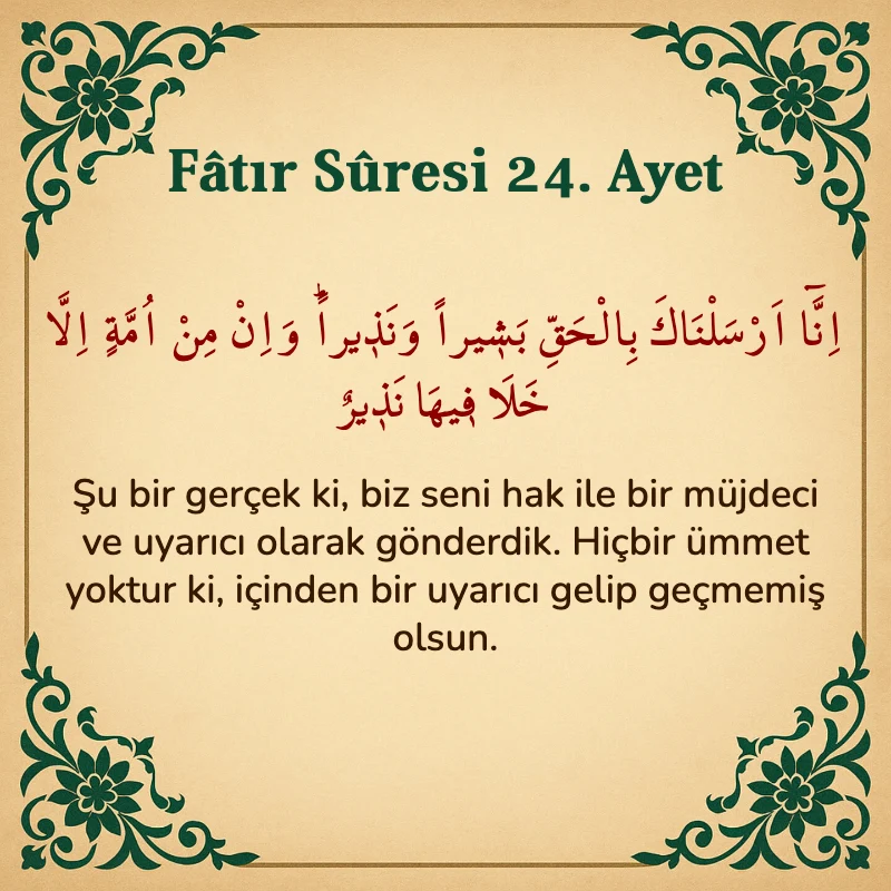 Fatır Suresi 24. Ayet Arapça ve Türkçe meali
