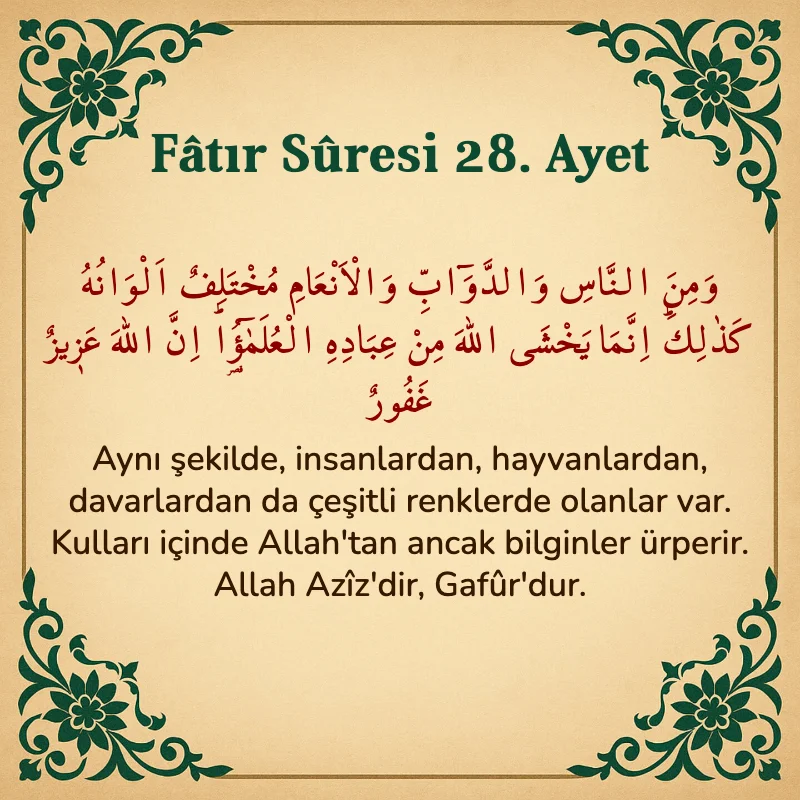 Fatır Suresi 28. Ayet Arapça ve Türkçe meali