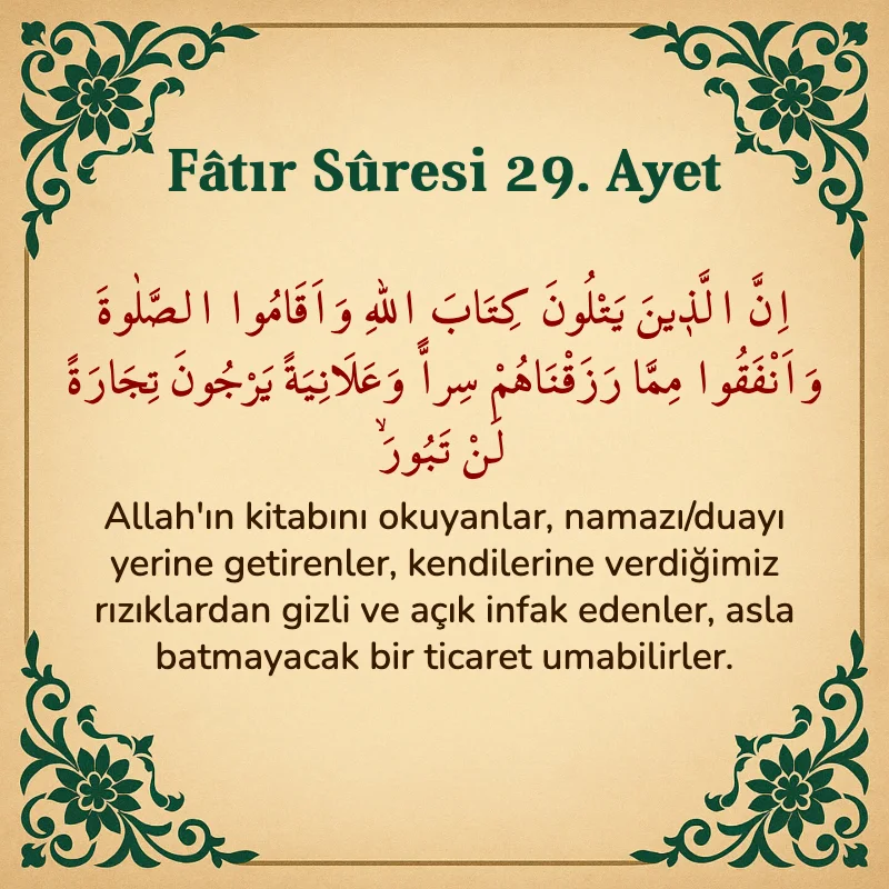 Fatır Suresi 29. Ayet Arapça ve Türkçe meali