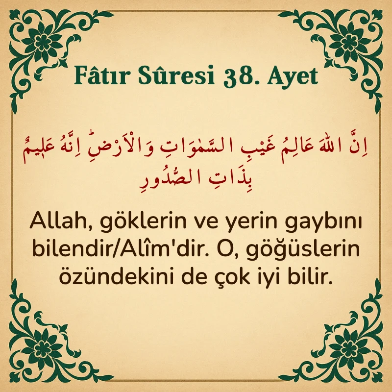 Fatır Suresi 38. Ayet Arapça ve Türkçe meali