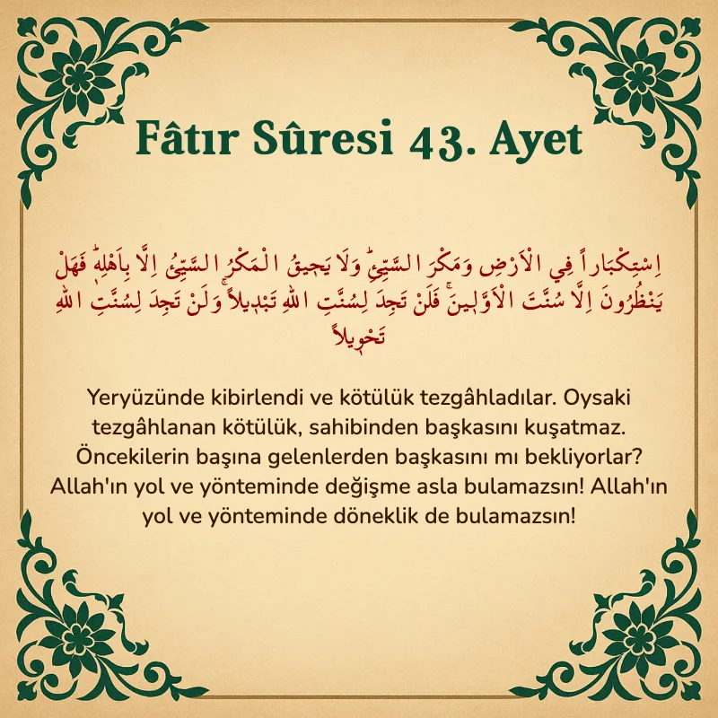 Fatır Suresi 43. Ayet Arapça ve Türkçe meali