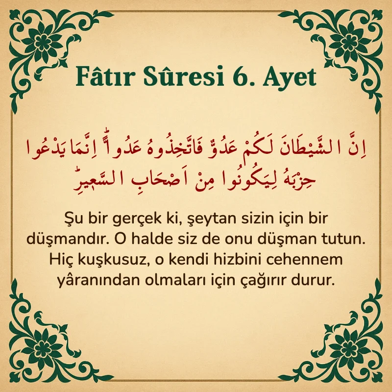 Fatır Suresi 6. Ayet Arapça ve Türkçe meali