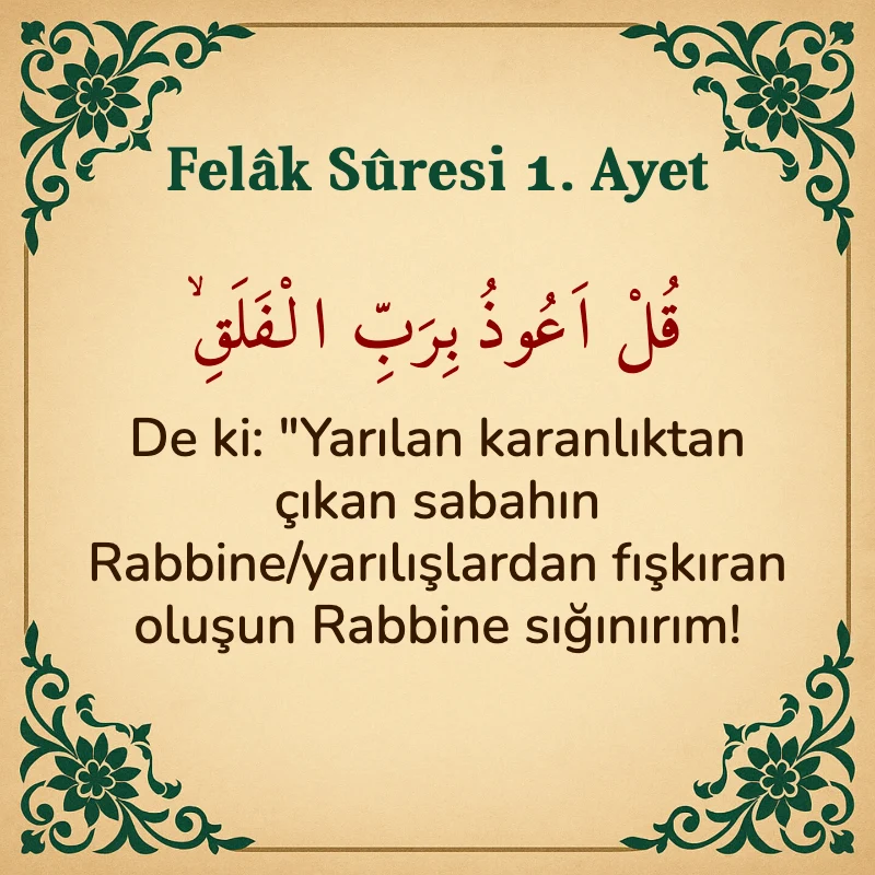 Felak Suresi 1. Ayet Arapça ve Türkçe meali