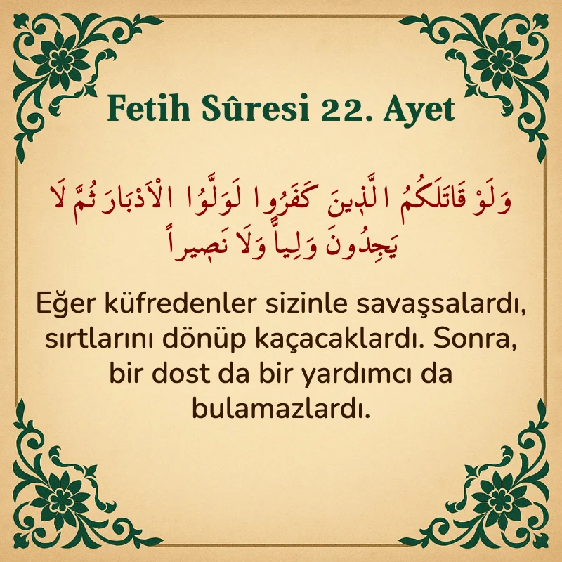 Fetih Suresi 22. Ayet Arapça ve Türkçe meali