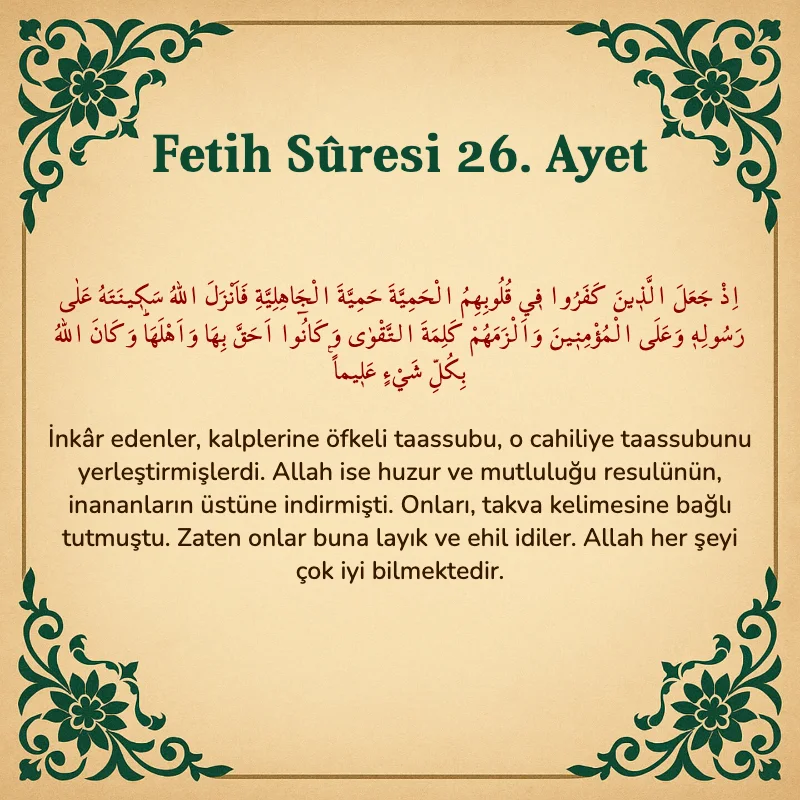 Fetih Suresi 26. Ayet Arapça ve Türkçe meali