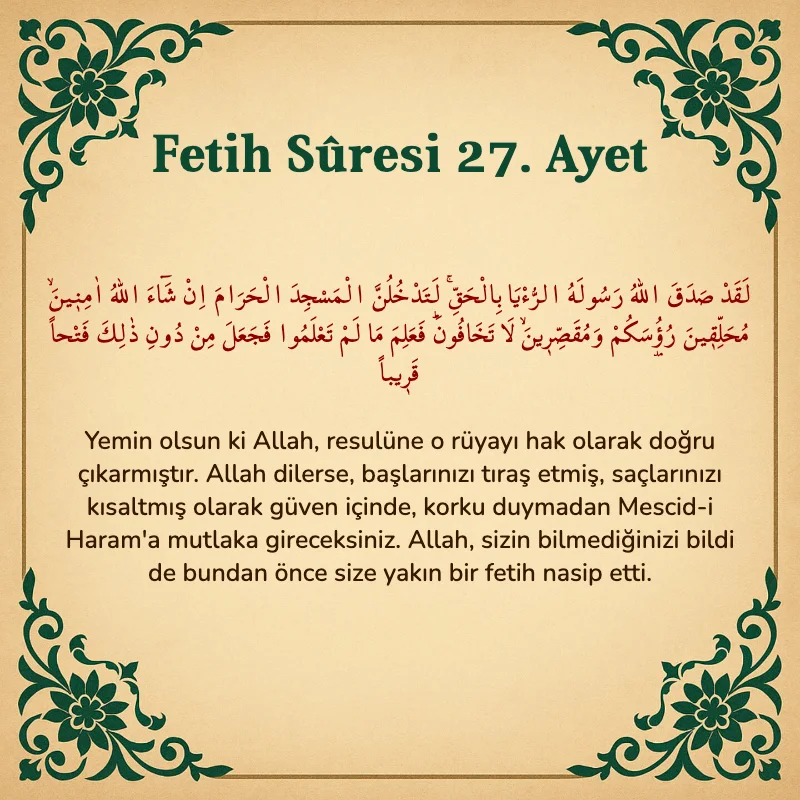Fetih Suresi 27. Ayet Arapça ve Türkçe meali