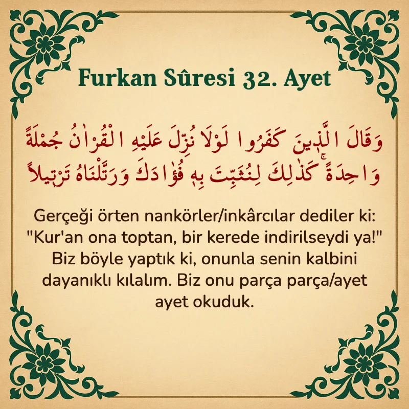 Furkan Suresi 32. Ayet Arapça ve Türkçe meali